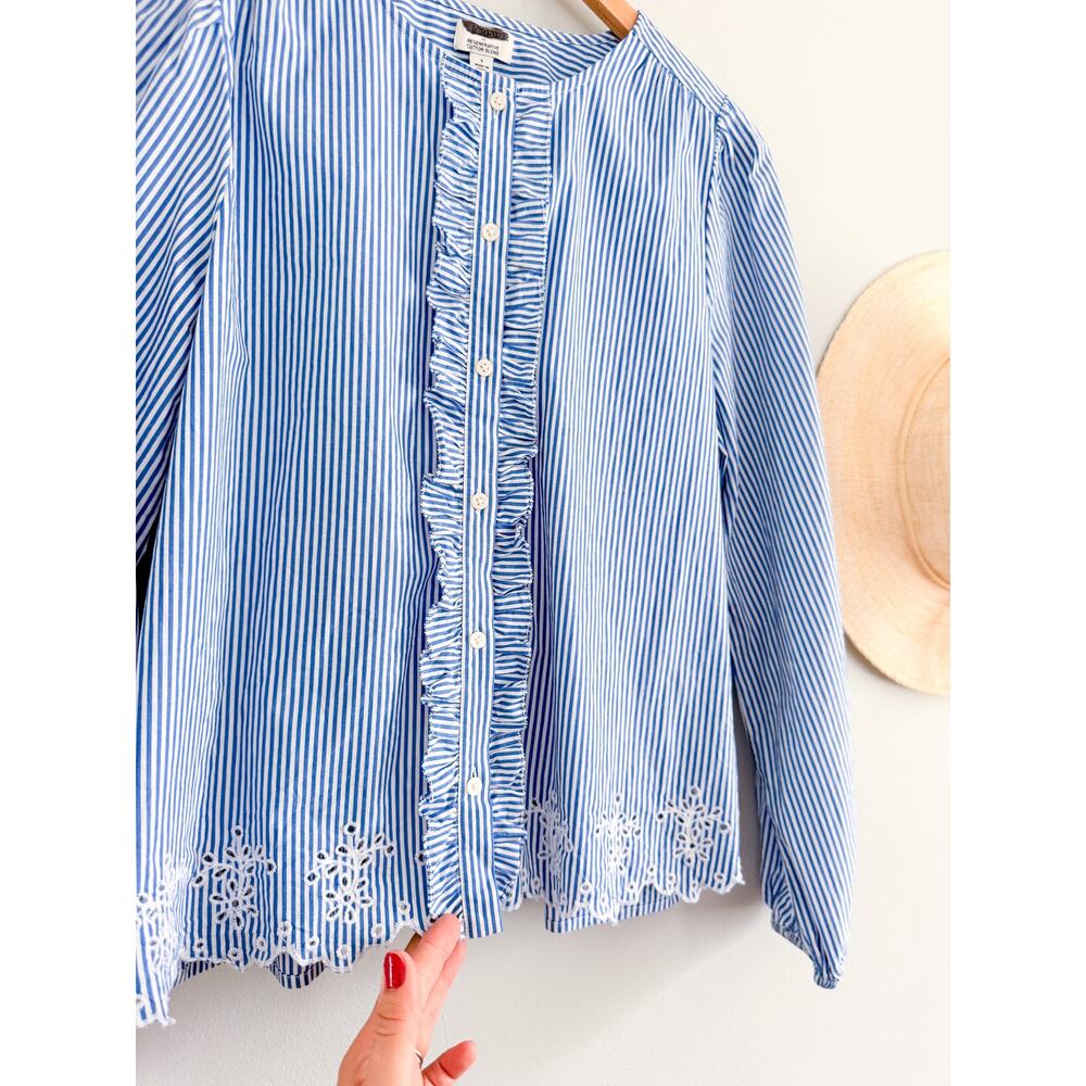J Crew Factory | NWOT Embroidered Stripe Button Up Shirt Blue White | Sz S - Picture 3 of 9
